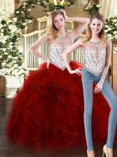 Designer Floor Length Zipper Quinceanera Dress Wine Red for Military Ball and Sweet 16 and Quinceanera with Beading and Ruffles