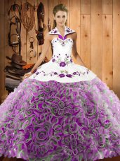 Sweep Train Ball Gowns 15th Birthday Dress Multi-color Halter Top Fabric With Rolling Flowers Sleeveless Lace Up