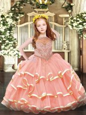 New Style Organza Scoop Sleeveless Zipper Beading and Ruffled Layers Little Girls Pageant Gowns in Watermelon Red