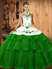Beautiful Green Halter Top Neckline Embroidery and Ruffled Layers Quinceanera Gown Sleeveless Lace Up