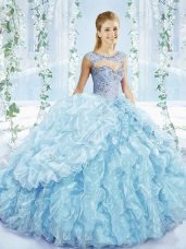 Affordable Lace Up Sweet 16 Quinceanera Dress Blue for Sweet 16 and Quinceanera with Beading and Ruffles and Pick Ups
