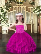Perfect Fuchsia Sleeveless Tulle Lace Up Little Girls Pageant Dress Wholesale for Party and Quinceanera