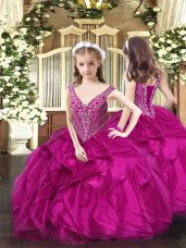 Fuchsia Ball Gowns Organza V-neck Sleeveless Beading and Ruffles Floor Length Lace Up Child Pageant Dress