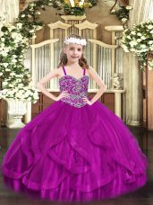 Custom Made Ball Gowns Girls Pageant Dresses Fuchsia Straps Tulle Sleeveless Floor Length Lace Up