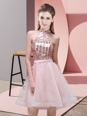 Chiffon Halter Top Sleeveless Backless Sequins Quinceanera Dama Dress in Pink