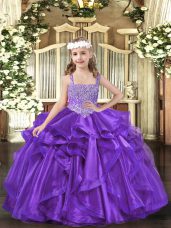 Sleeveless Floor Length Beading and Ruffles Lace Up Kids Pageant Dress with Purple