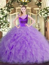 Stylish Scoop Sleeveless 15th Birthday Dress Floor Length Beading and Ruffles Lavender Organza