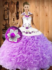Halter Top Sleeveless Fabric With Rolling Flowers Sweet 16 Quinceanera Dress Embroidery Lace Up