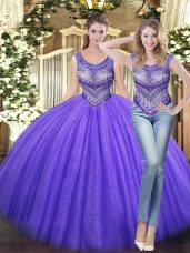 Shining Floor Length Lace Up 15th Birthday Dress Lavender for Military Ball and Sweet 16 and Quinceanera with Beading