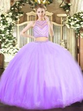 Floor Length Zipper Sweet 16 Dresses Lavender for Military Ball and Sweet 16 and Quinceanera with Beading