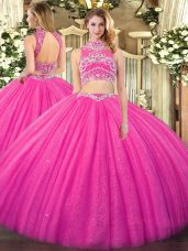 Custom Design Hot Pink High-neck Backless Beading Sweet 16 Dresses Sleeveless