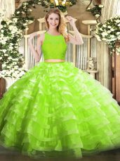 Lovely Yellow Green Scoop Neckline Lace and Ruffled Layers Quince Ball Gowns Sleeveless Zipper
