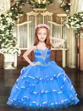 Classical Blue Spaghetti Straps Lace Up Beading and Ruffled Layers Girls Pageant Dresses Sleeveless