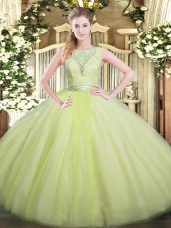 Floor Length Backless Vestidos de Quinceanera Yellow Green for Military Ball and Sweet 16 and Quinceanera with Lace