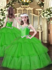Green Ball Gowns Organza Straps Sleeveless Beading and Ruffled Layers Floor Length Lace Up Little Girls Pageant Dress