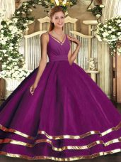 Glittering Ball Gowns Quinceanera Gowns Purple V-neck Tulle Sleeveless Floor Length Backless