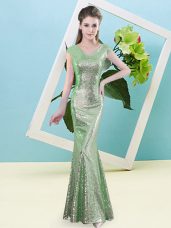 Green Zipper V-neck Sequins Dress for Prom Sequined Cap Sleeves