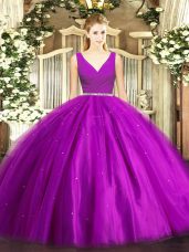 Floor Length Purple 15th Birthday Dress V-neck Sleeveless Zipper