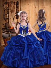 Fancy Straps Sleeveless Lace Up Girls Pageant Dresses Royal Blue Organza