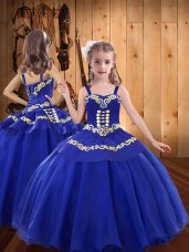 Excellent Royal Blue Lace Up Kids Pageant Dress Embroidery Sleeveless Floor Length