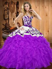 Sleeveless Tulle Floor Length Lace Up Quinceanera Gown in Purple with Embroidery and Ruffles
