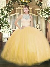 Shining Gold Sleeveless Lace Floor Length Quinceanera Dresses