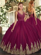 Vintage Sleeveless Floor Length Beading and Appliques Backless Sweet 16 Dresses with Burgundy