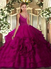 Fuchsia Fabric With Rolling Flowers Backless V-neck Sleeveless With Train Quince Ball Gowns Sweep Train Ruching