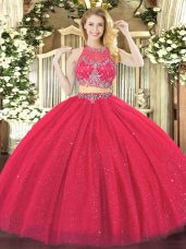 Great Floor Length Coral Red Ball Gown Prom Dress Scoop Sleeveless Zipper