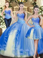 Dramatic Baby Blue Tulle Lace Up Sweetheart Sleeveless Floor Length Sweet 16 Dresses Beading
