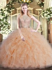 Floor Length Champagne Quinceanera Dress Tulle Sleeveless Beading and Ruffles