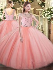 Peach Ball Gowns Tulle Bateau Sleeveless Beading Floor Length Zipper Quinceanera Gown