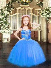 High Low Blue Child Pageant Dress Tulle Sleeveless Beading
