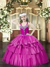 Fuchsia Ball Gowns Beading and Ruffled Layers Party Dress for Toddlers Lace Up Organza Sleeveless Floor Length