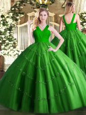 Green Ball Gowns V-neck Sleeveless Tulle Floor Length Zipper Beading 15th Birthday Dress