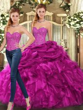 Glittering Fuchsia Two Pieces Sweetheart Sleeveless Organza Floor Length Lace Up Beading and Ruffles 15th Birthday Dress