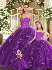 Purple Organza Lace Up Sweetheart Sleeveless Floor Length Quinceanera Dresses Beading and Ruffles