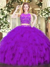 Floor Length Zipper Quinceanera Dress Purple for Military Ball and Sweet 16 and Quinceanera with Beading and Ruffles