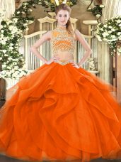 Orange Red Sleeveless Floor Length Beading and Ruffles Backless Vestidos de Quinceanera