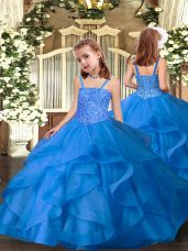 Popular Ball Gowns Girls Pageant Dresses Blue Straps Organza Sleeveless Floor Length Lace Up