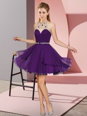 Purple Chiffon Zipper Evening Dress Sleeveless Mini Length Beading