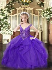Tulle V-neck Sleeveless Zipper Beading and Ruffles Little Girls Pageant Dress in Eggplant Purple