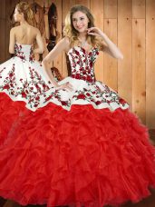 Wine Red Ball Gowns Satin and Organza Sweetheart Sleeveless Embroidery and Ruffles Floor Length Lace Up 15th Birthday Dress