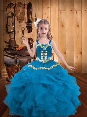 Fantastic Blue Sleeveless Organza Lace Up Little Girls Pageant Dress Wholesale for Party and Sweet 16 and Quinceanera and Wedding Party