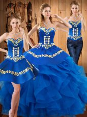 Modest Blue Satin and Organza Lace Up Quinceanera Dresses Sleeveless Floor Length Embroidery and Ruffles