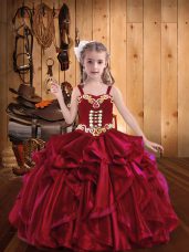 Red Organza Lace Up Party Dress for Toddlers Sleeveless Floor Length Embroidery and Ruffles