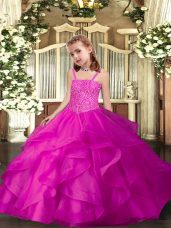 Perfect Floor Length Lace Up Party Dresses Fuchsia for Party and Sweet 16 and Quinceanera and Wedding Party with Ruffles