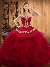Traditional Ball Gowns Quince Ball Gowns Burgundy Sweetheart Organza Sleeveless Floor Length Lace Up