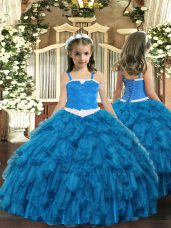 Sleeveless Lace Up Floor Length Appliques and Ruffles Little Girl Pageant Dress