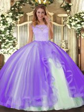 New Arrival Scoop Sleeveless Quinceanera Gowns Floor Length Lace and Ruffles Lavender Tulle